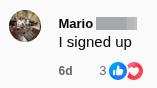 Facebook comment from Mario: “I signed up”